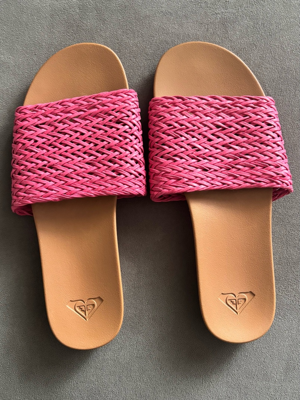 Roxy Pink Woven Strap Tan Slide Sandals
